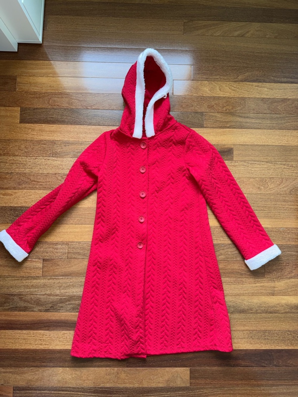 Red Hooded Knit Coat with White Trim